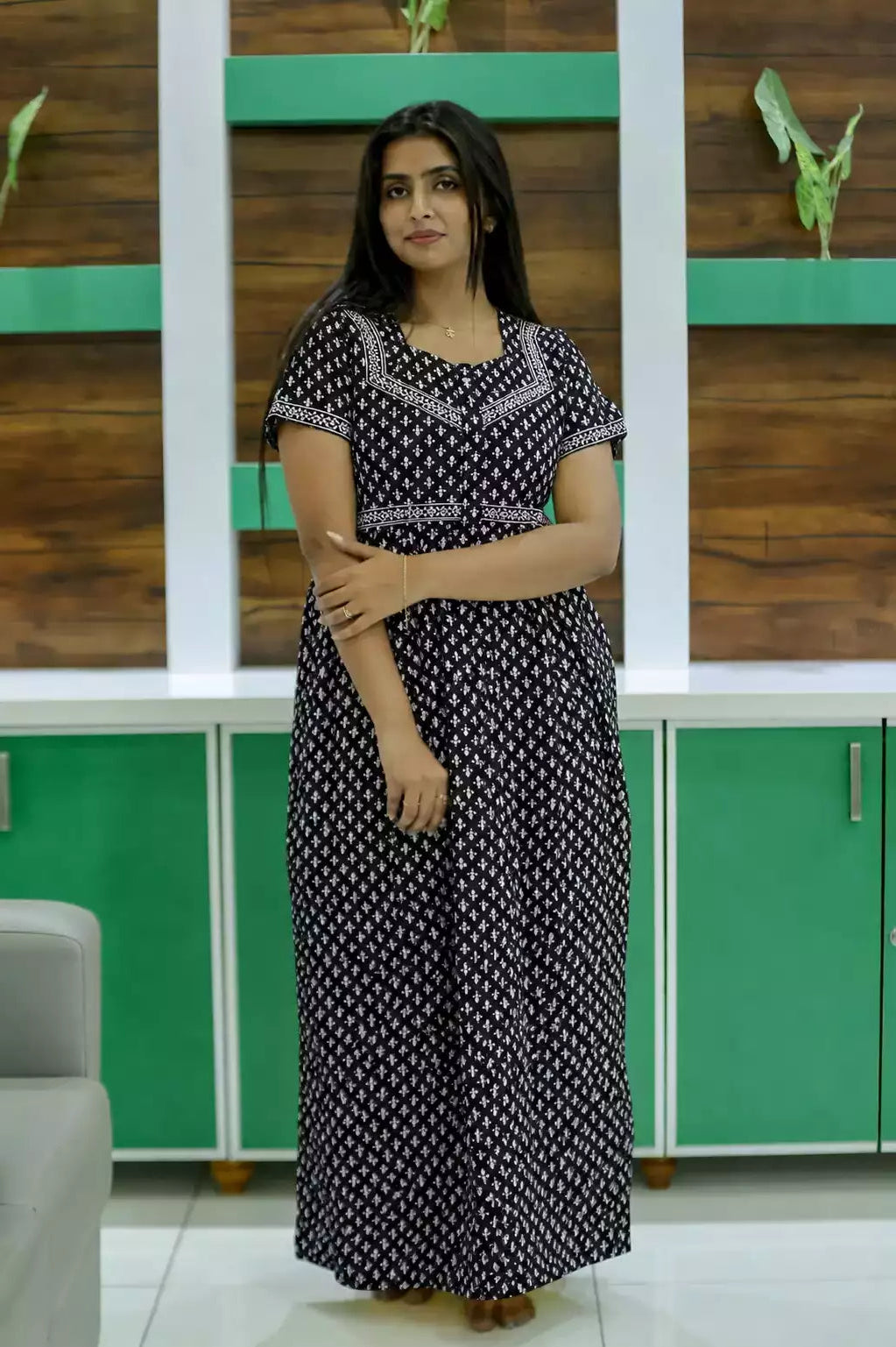 Black Jaipur Cotton Casual Feeding Frock with Half Sleeve - Mangai Nighties 