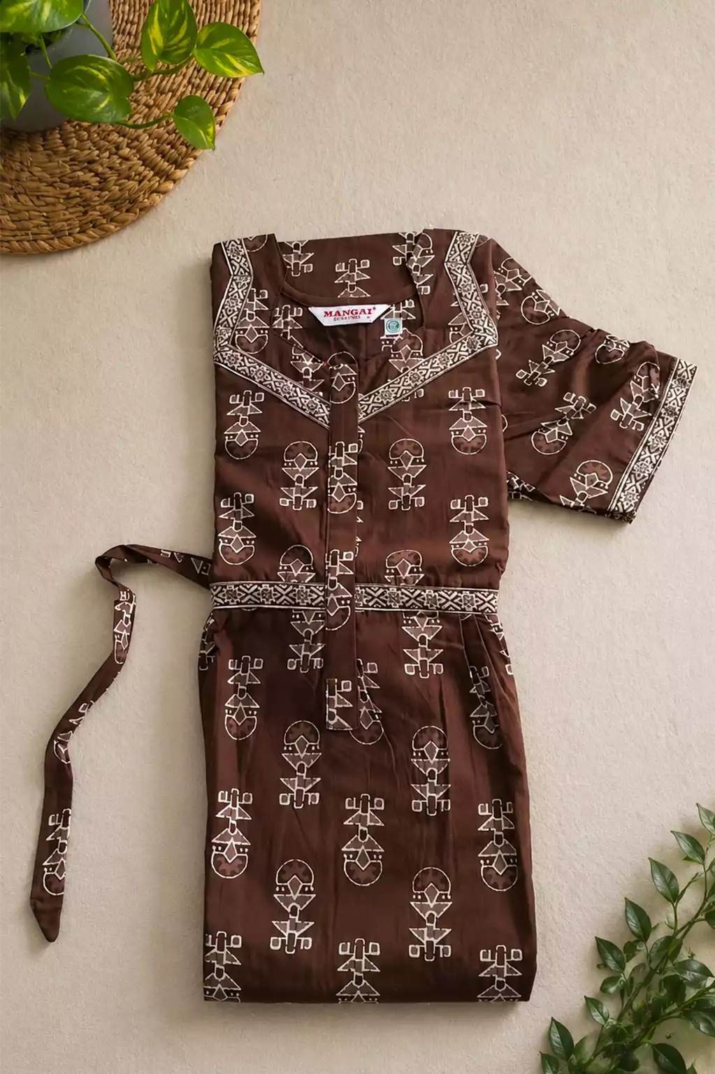 Coffee Brown Jaipur Cotton Feeding Frock Product View by Mangai Nighties