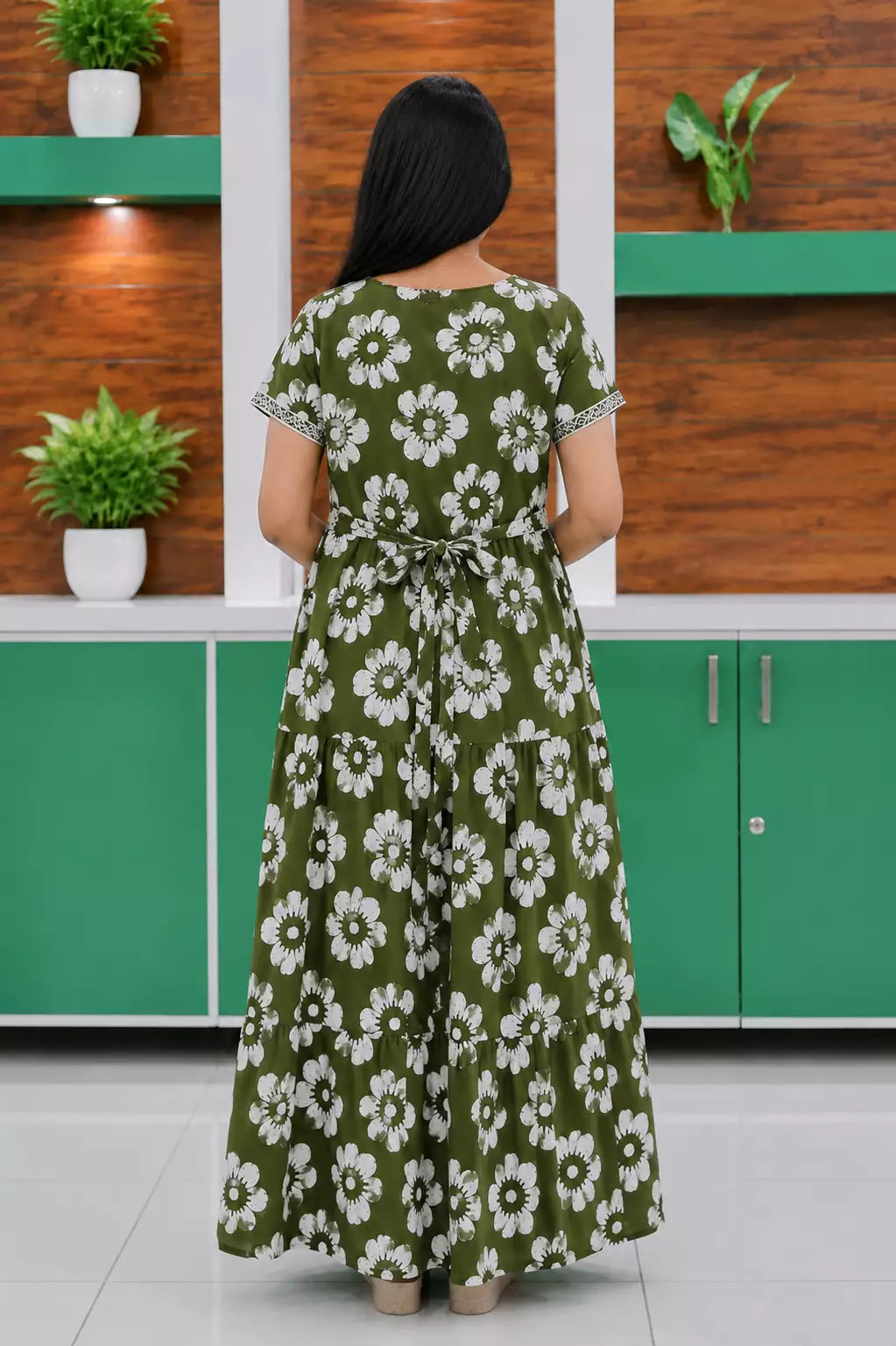 Green Jaipur Cotton Feeding Frock with Back Tie Rope Back View - Mangai Nighties 