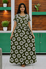 Green Jaipur Cotton Feeding Frock with Puff Sleeves and Tie Front View 
