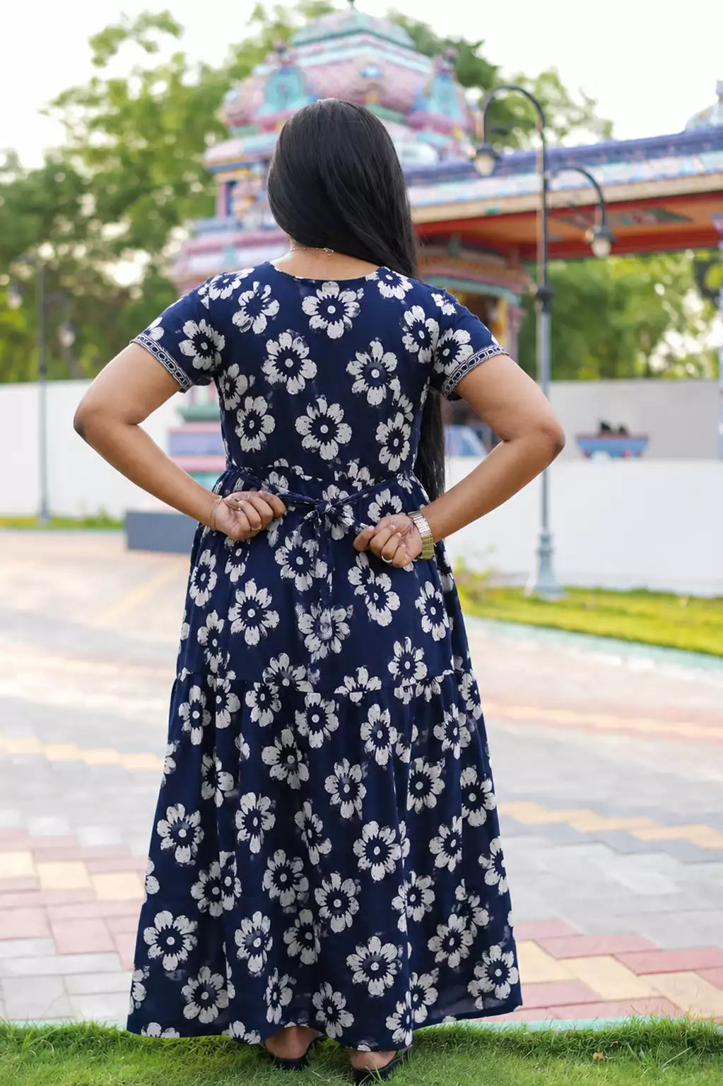 Navy Blue Jaipur Cotton Feeding Frock with Back Tie Rope - Mangai Nighties 
