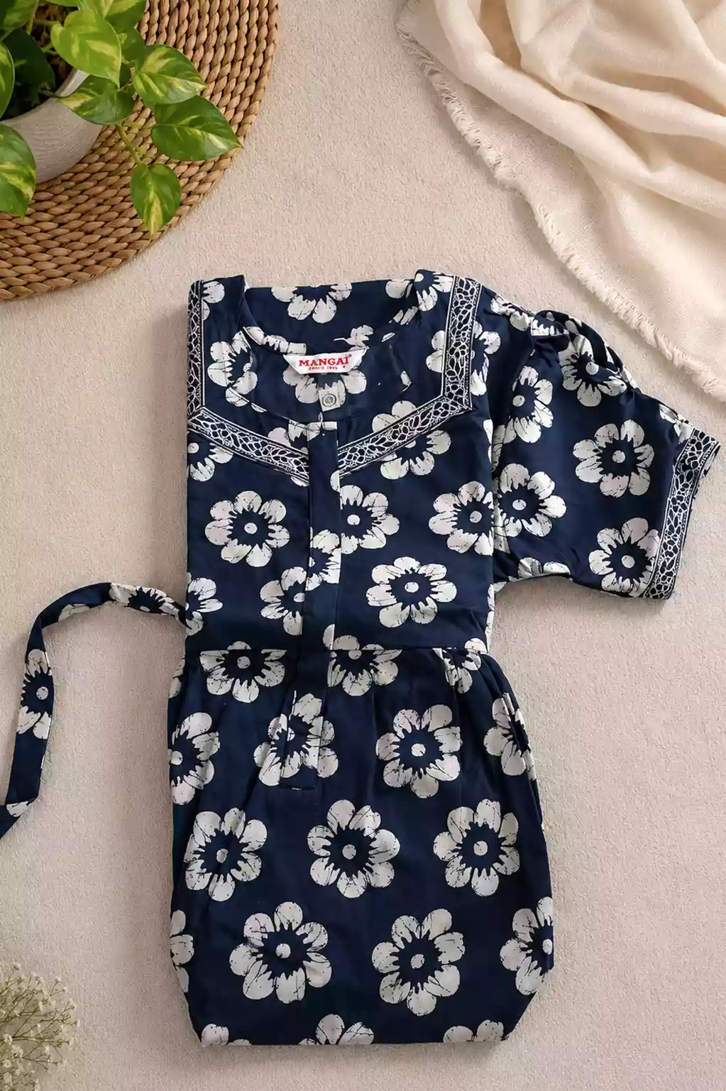 Navy Blue Jaipur Cotton Feeding Dress with Back Tie Product View - Mangai Nighties 