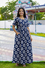 Navy Blue Jaipur Cotton Feeding Frock with Puff Sleeves Front View 