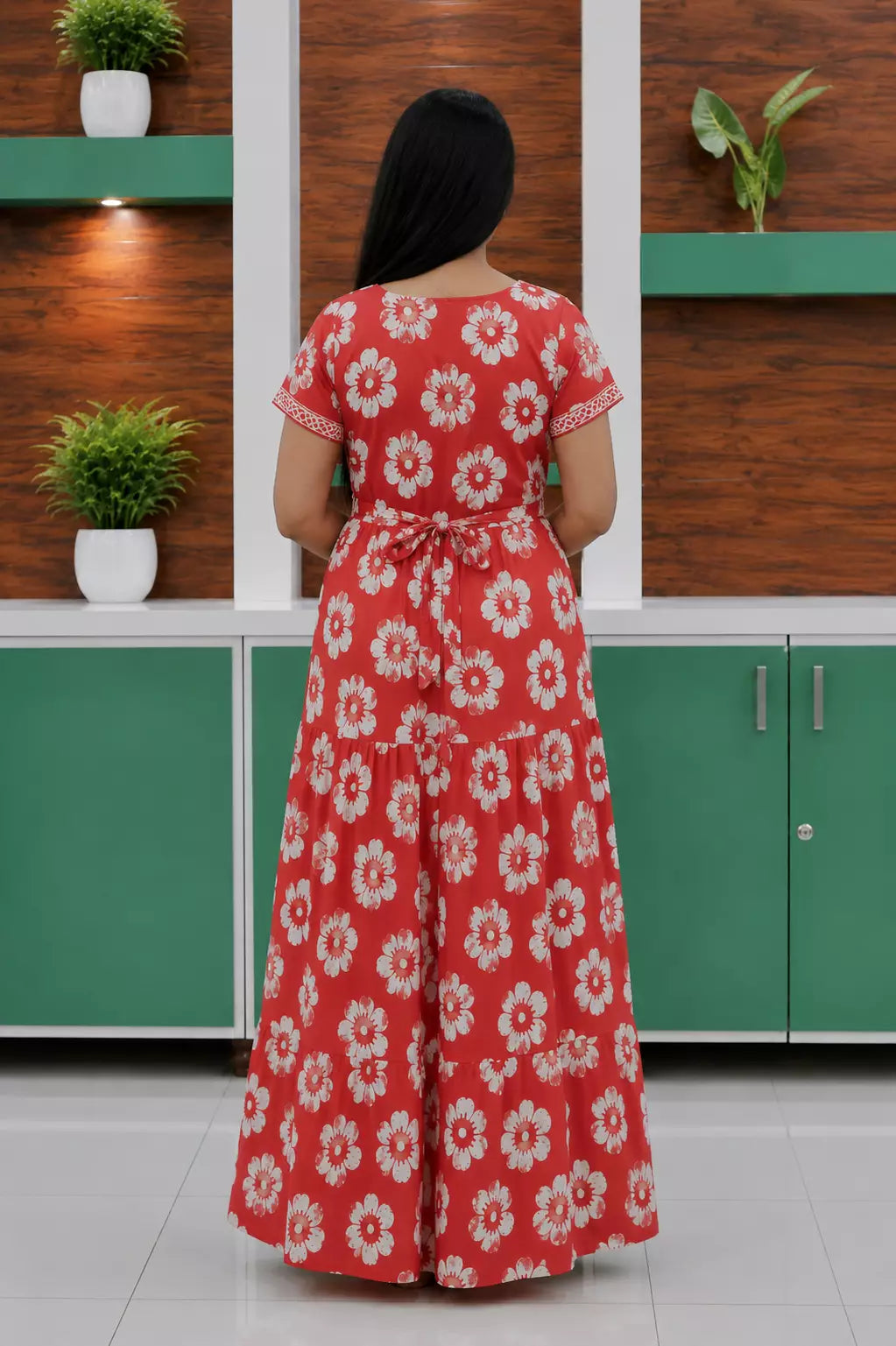 Red Jaipur Cotton Feeding Frock with Back Tie Rope Back View - Mangai Nighties 
