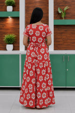 Red Jaipur Cotton Feeding Frock with Back Tie Rope Back View - Mangai Nighties 