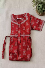 Red Jaipur Cotton Feeding Dress with Side Pockets Tie - Mangai Nighties 