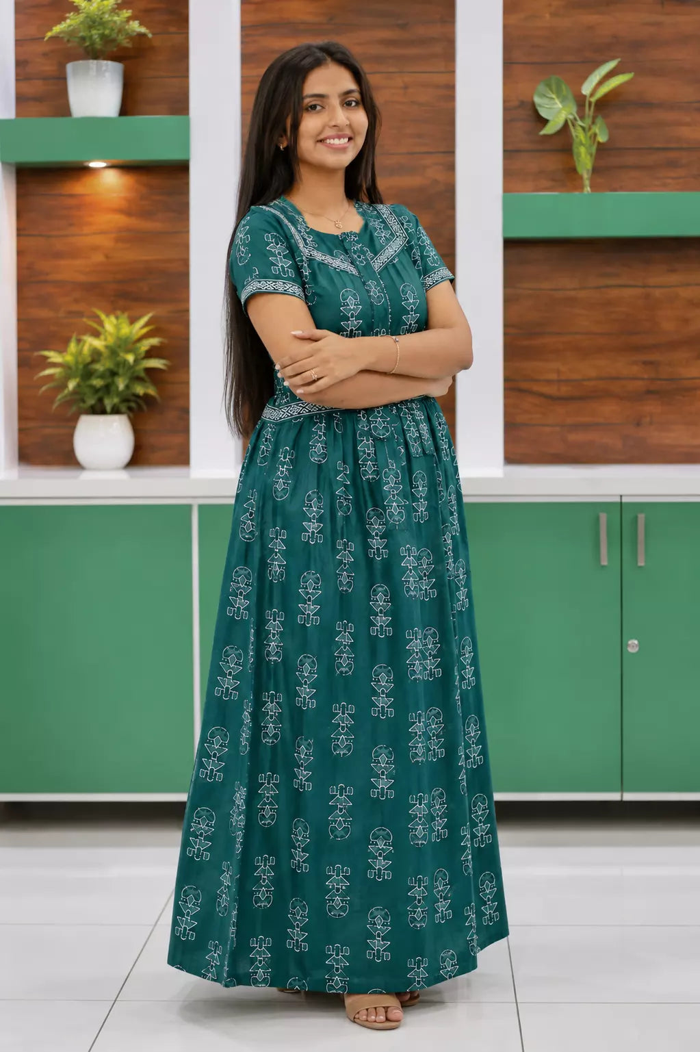 Teal Green Jaipur Cotton Feeding Frock with Zipper and Pockets - Mangai Nighties 
