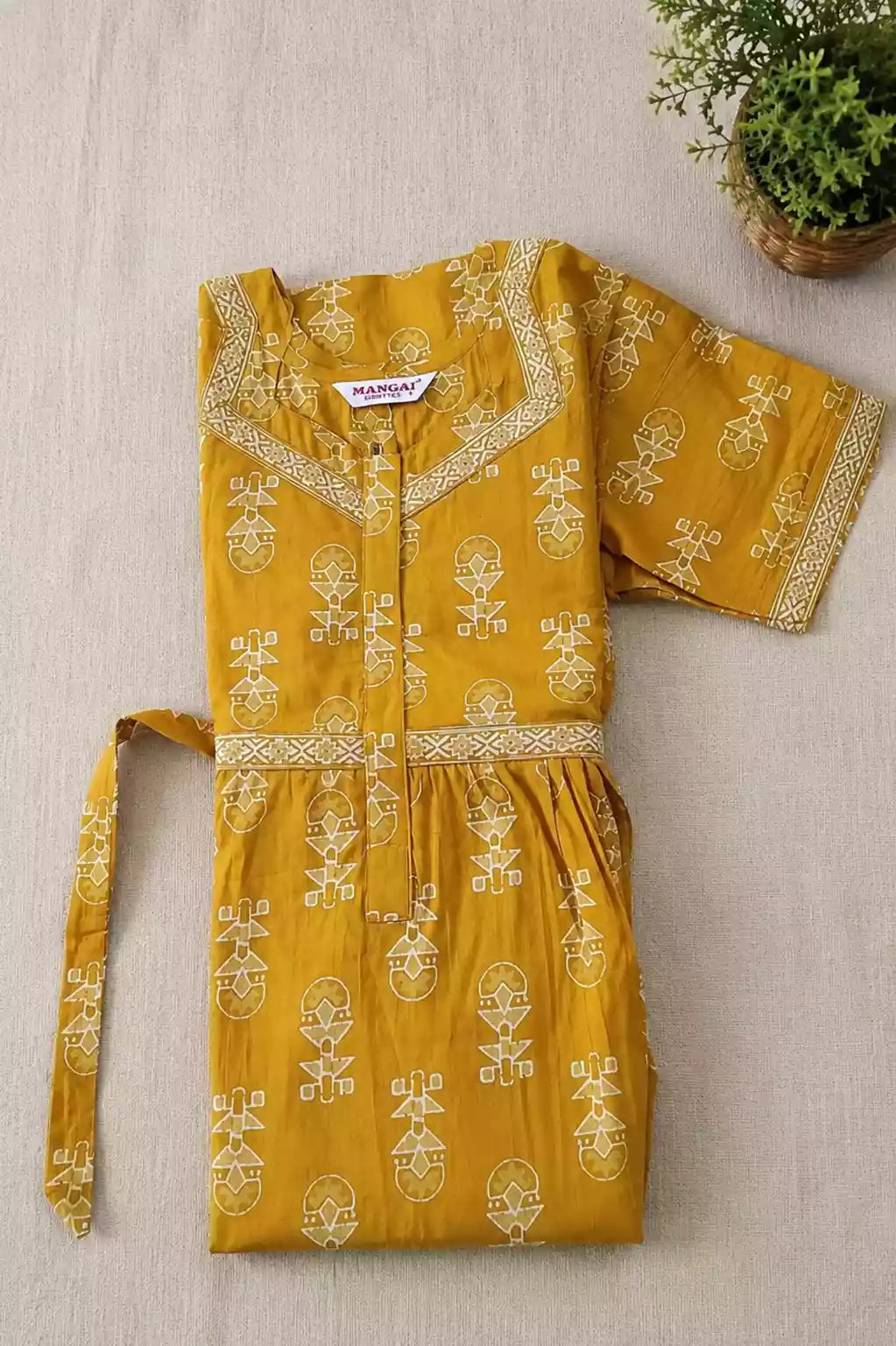 Premium Yellow Jaipur Cotton Feeding Frock with Back Tie - Mangai Nighties 