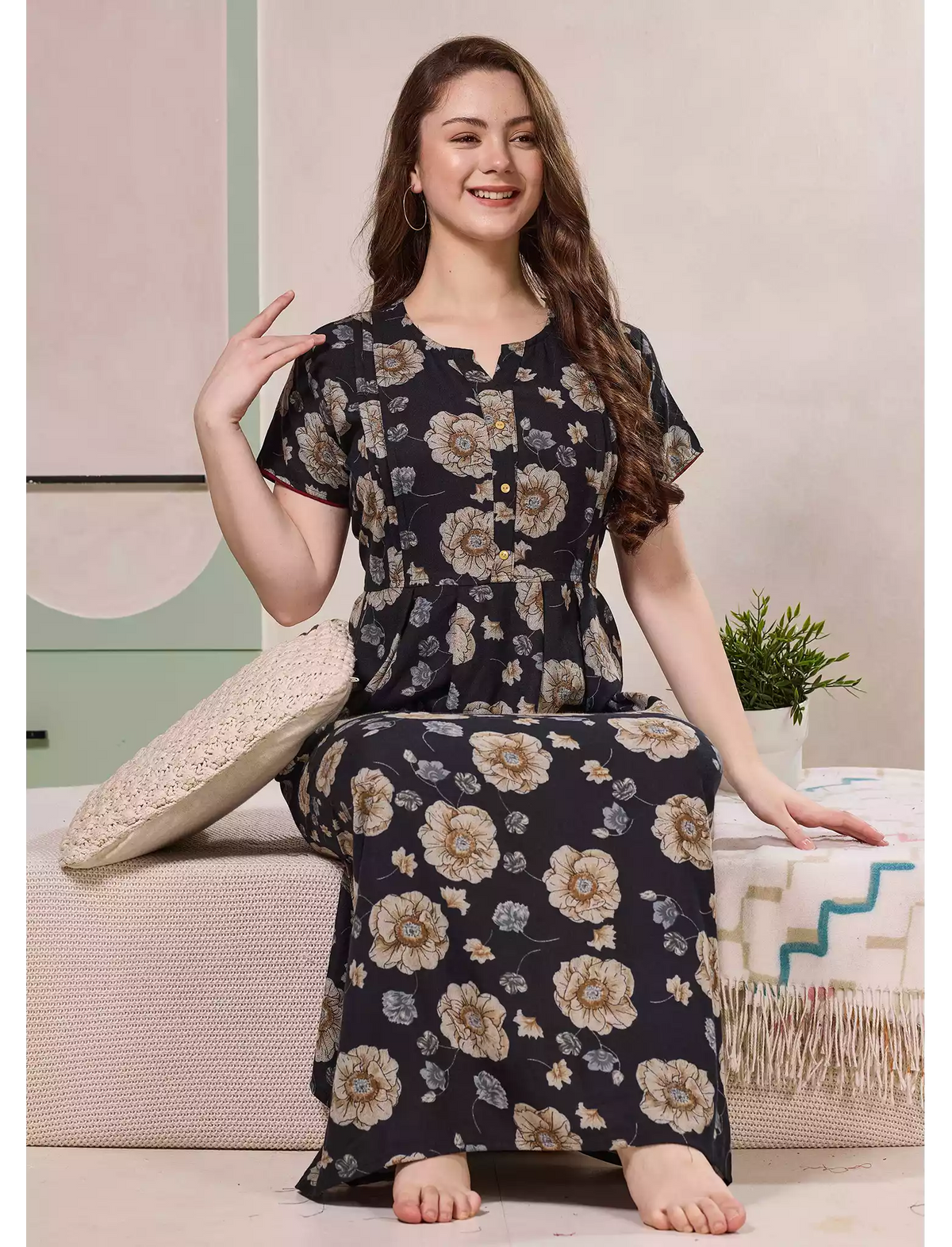 Floral Print Alpine Pleated Kurti Nighty with Pocket - Mangai Nighties