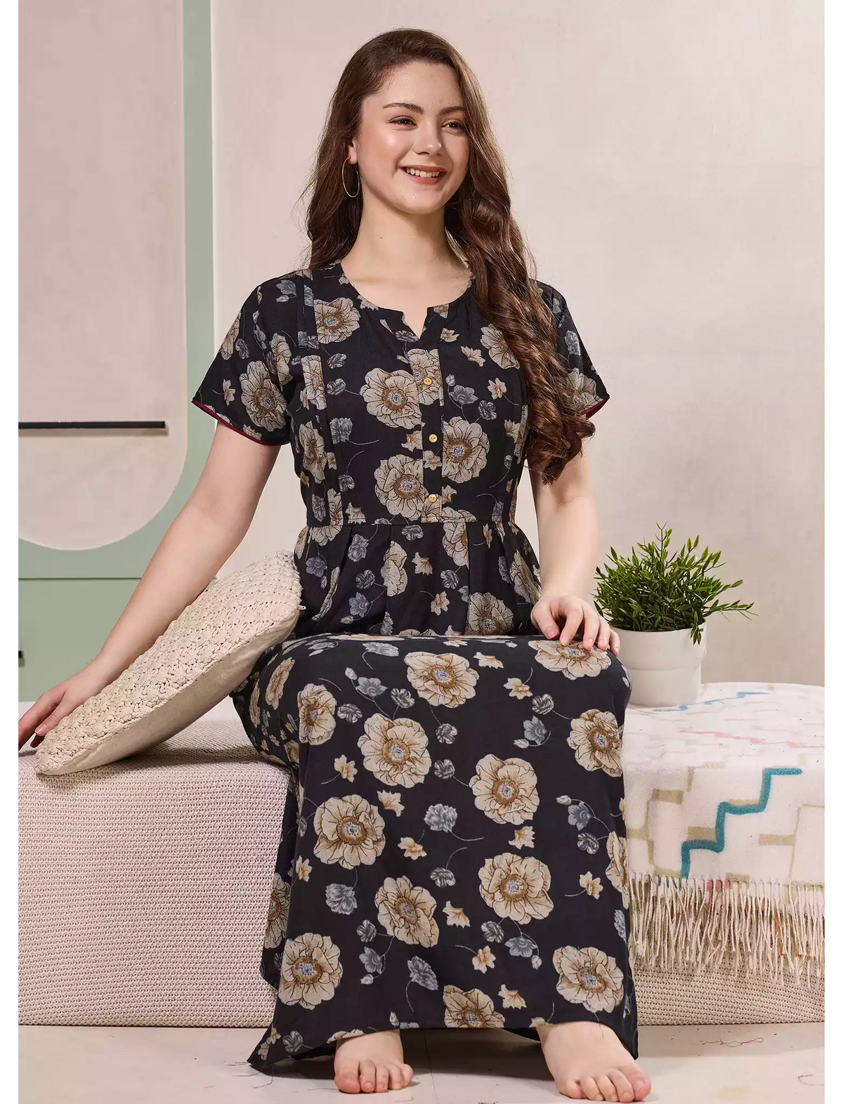 Floral Print Alpine Pleated Kurti Nighty with Pocket - Mangai Nighties
