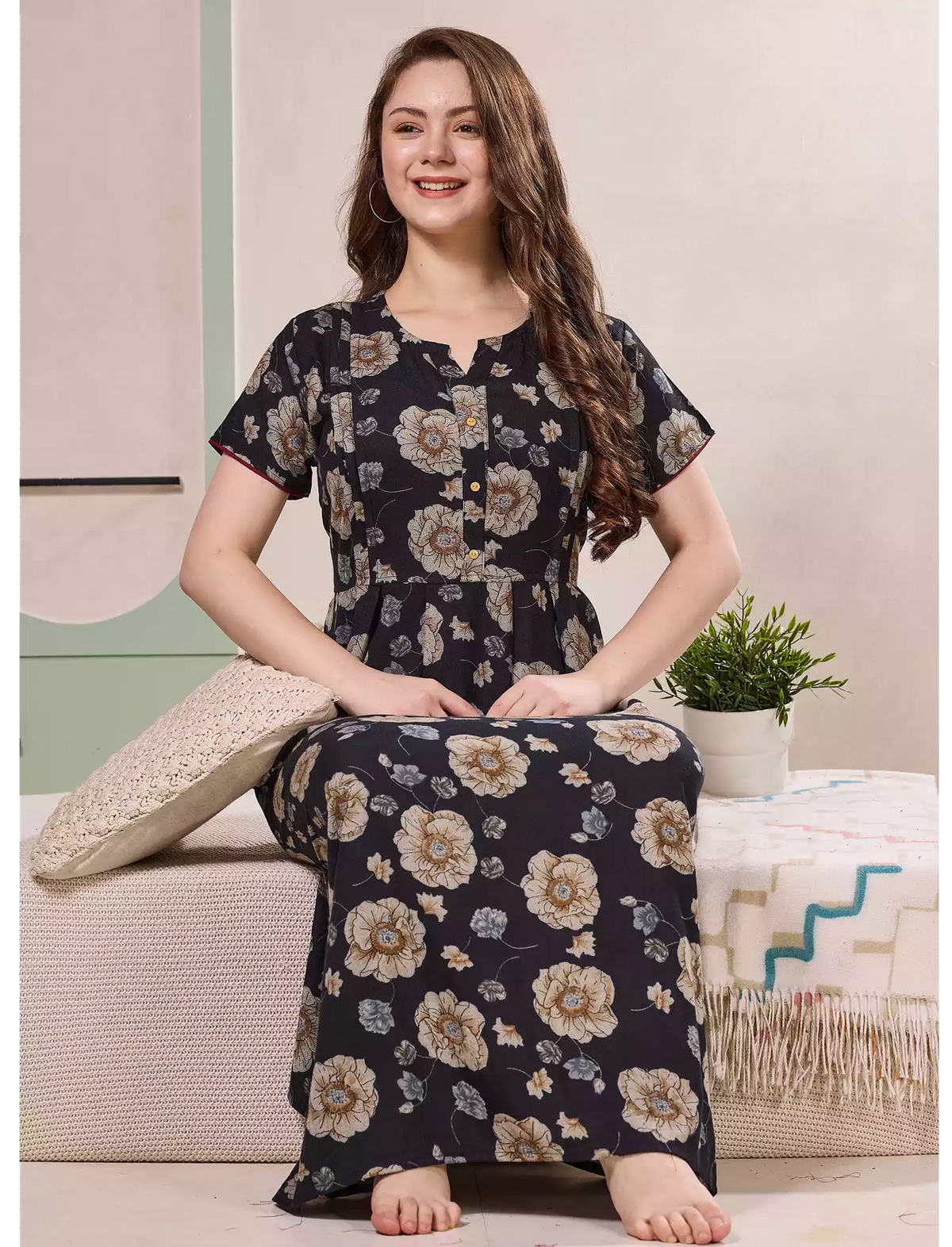 Floral Print Alpine Pleated Kurti Nighty with Pocket - Mangai Nighties