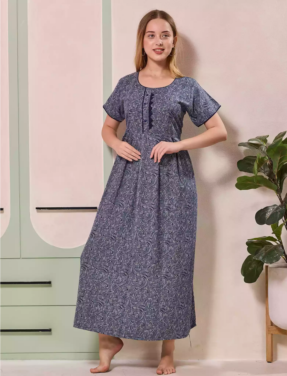 Abstract Print Alpine Pleated Kurti Style Nighty - Mangai Nighties