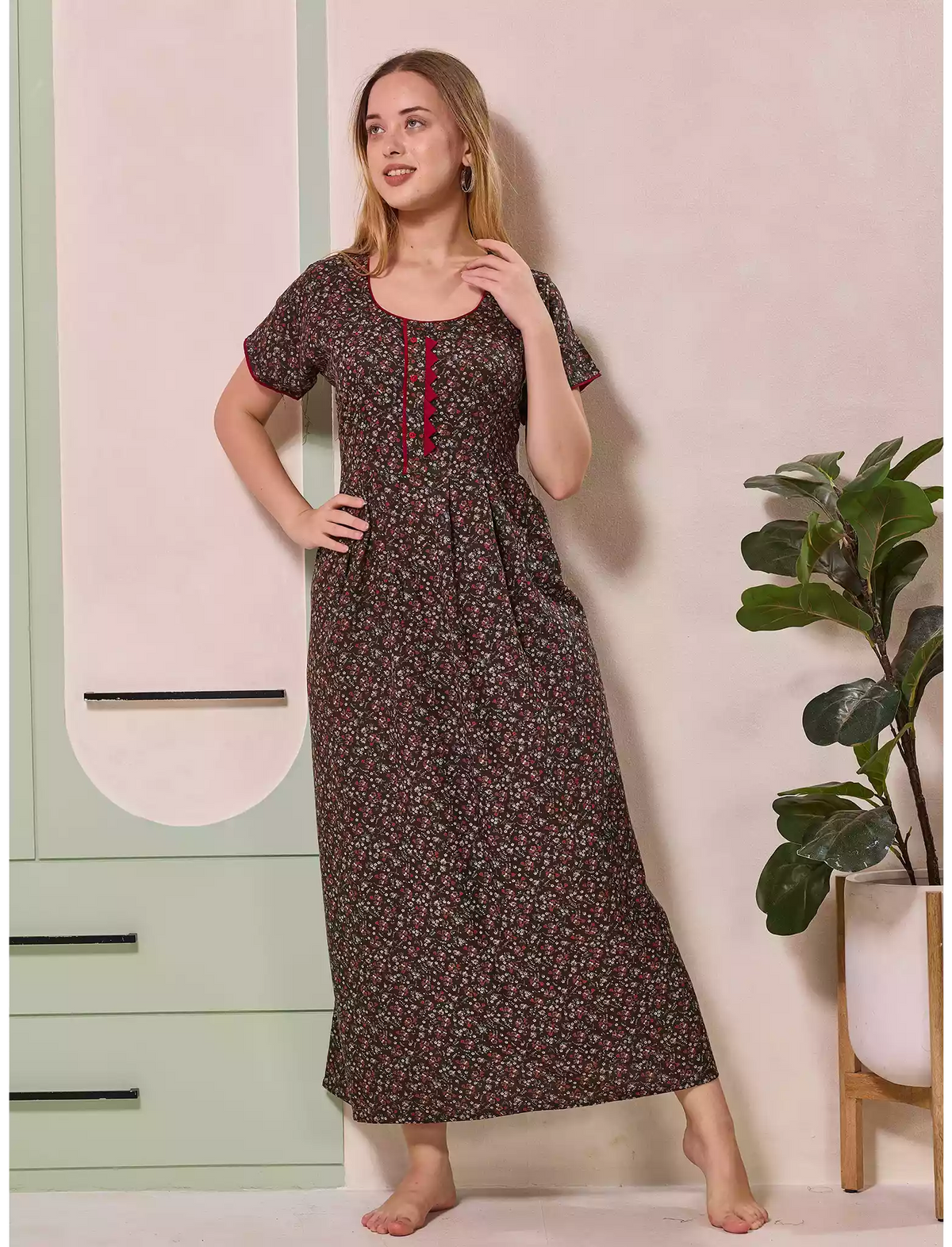 Tiny Floral Print Alpine Pleated Kurti Style Nighty - Mangai Nighties