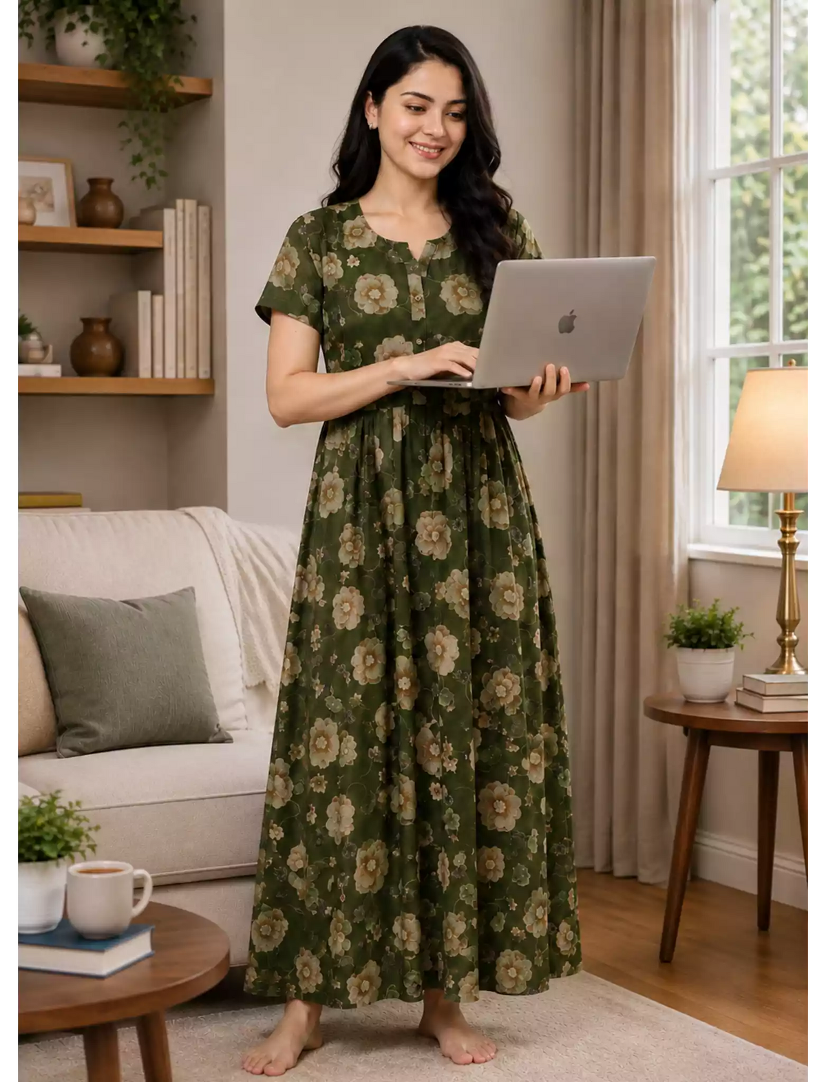 Floral Print Alpine Pleated Kurti Nighty with Pocket - Mangai Nighties