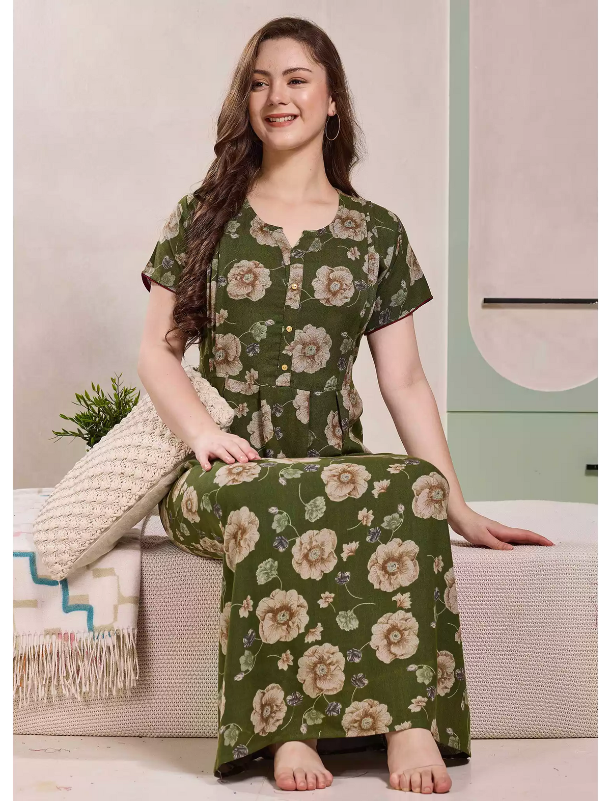 Floral Print Alpine Pleated Kurti Nighty with Pocket - Mangai Nighties