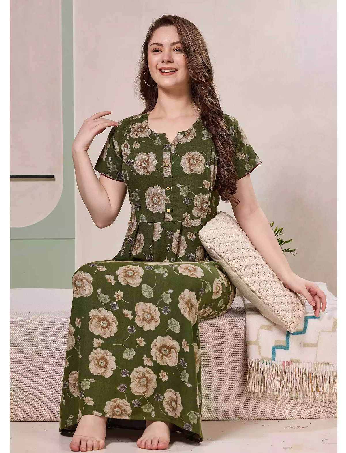 Floral Print Alpine Pleated Kurti Nighty with Pocket - Mangai Nighties