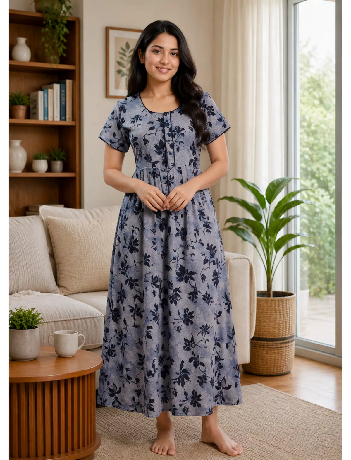 Alpine Floral Print Kurti Style Nighty With Pocket - Mangai Nighties