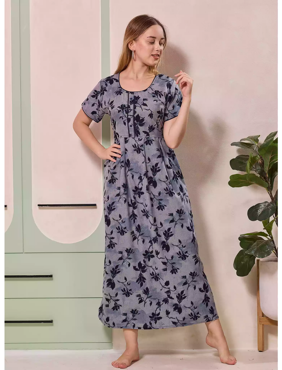 Alpine Floral Print Kurti Style Nighty With Pocket - Mangai Nighties