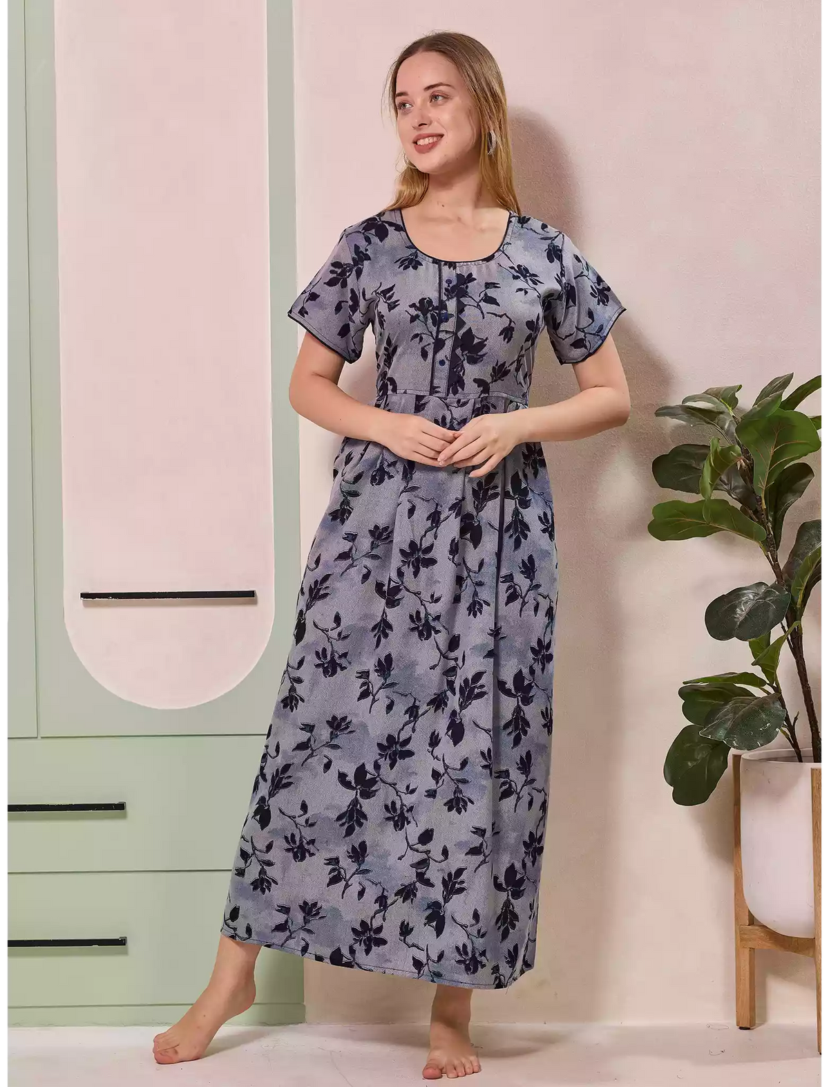 Alpine Floral Print Kurti Style Nighty With Pocket - Mangai Nighties