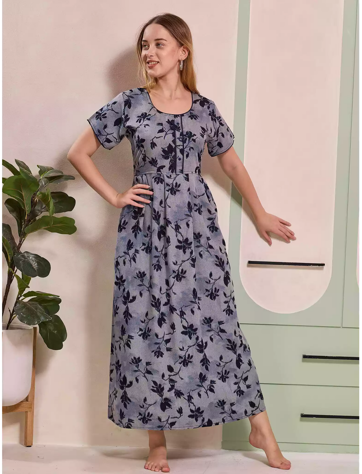 Alpine Floral Print Kurti Style Nighty With Pocket - Mangai Nighties