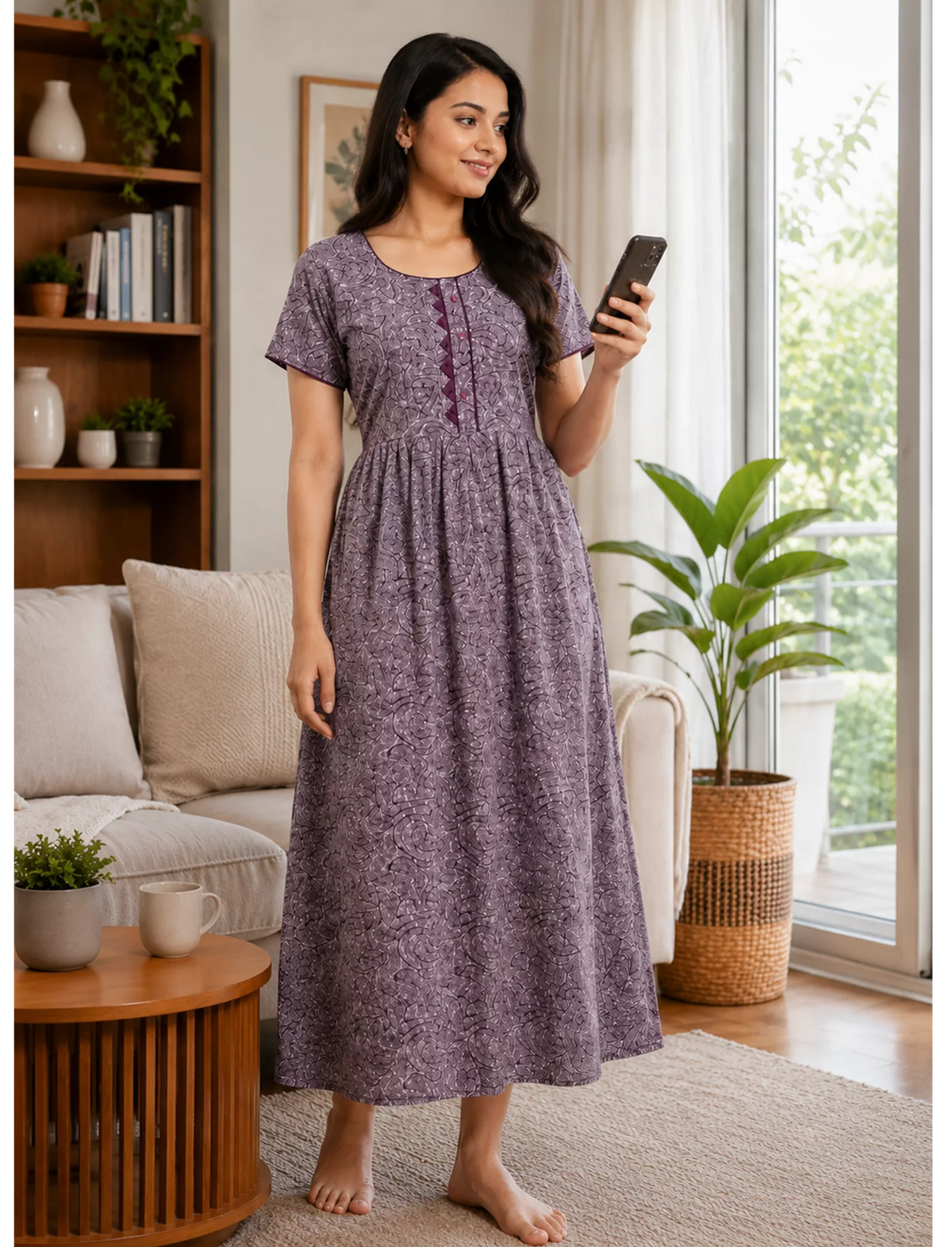 Abstract Print Alpine Pleated Kurti Style Nighty - Mangai Nighties