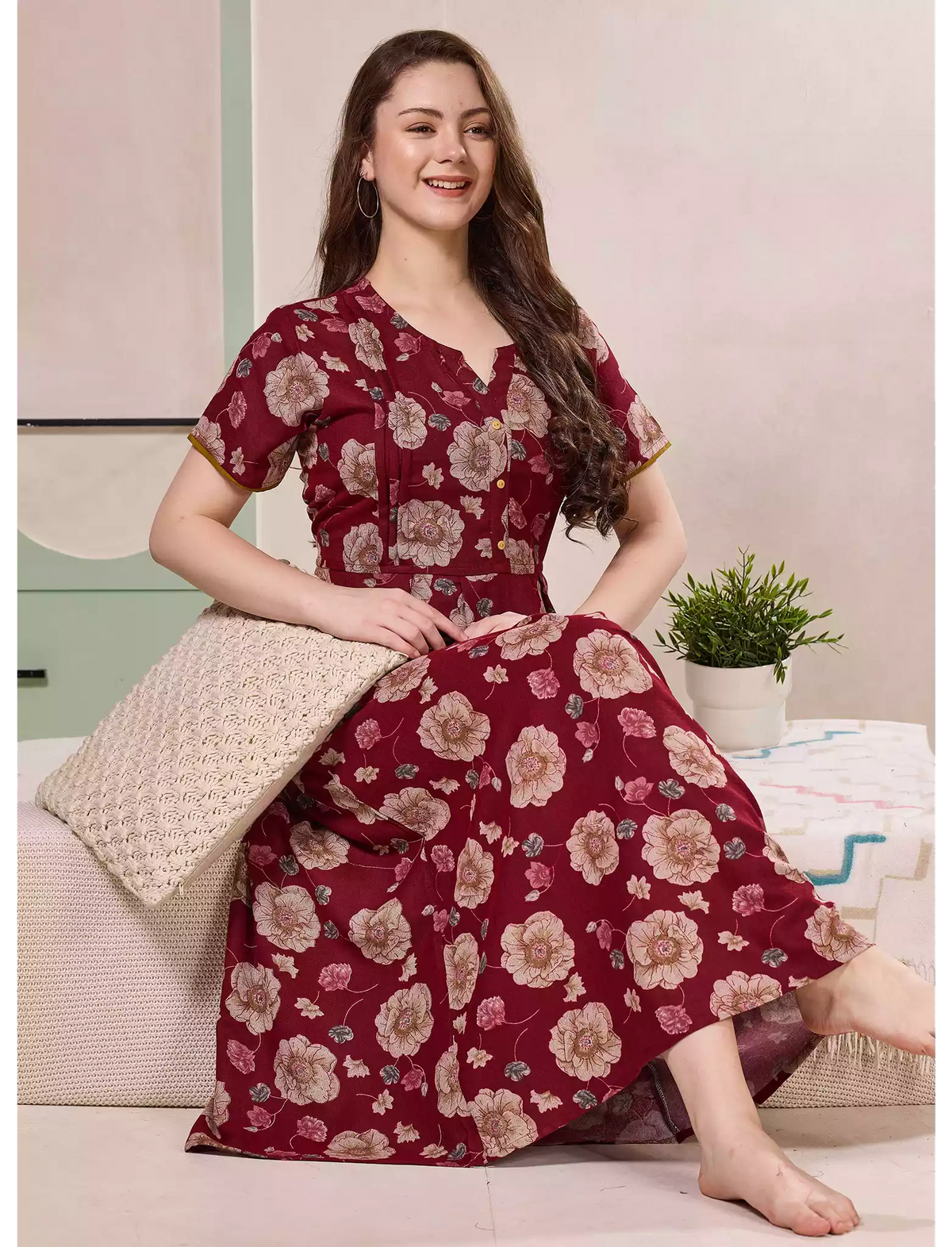 Floral Print Alpine Pleated Kurti Nighty with Pocket - Mangai Nighties