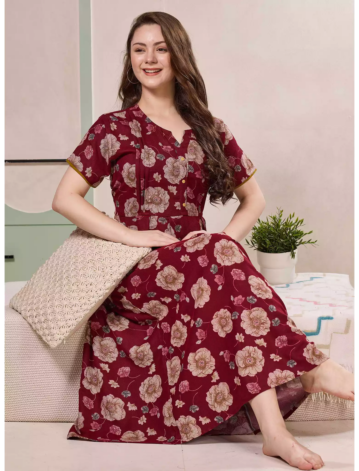 Floral Print Alpine Pleated Kurti Nighty with Pocket - Mangai Nighties