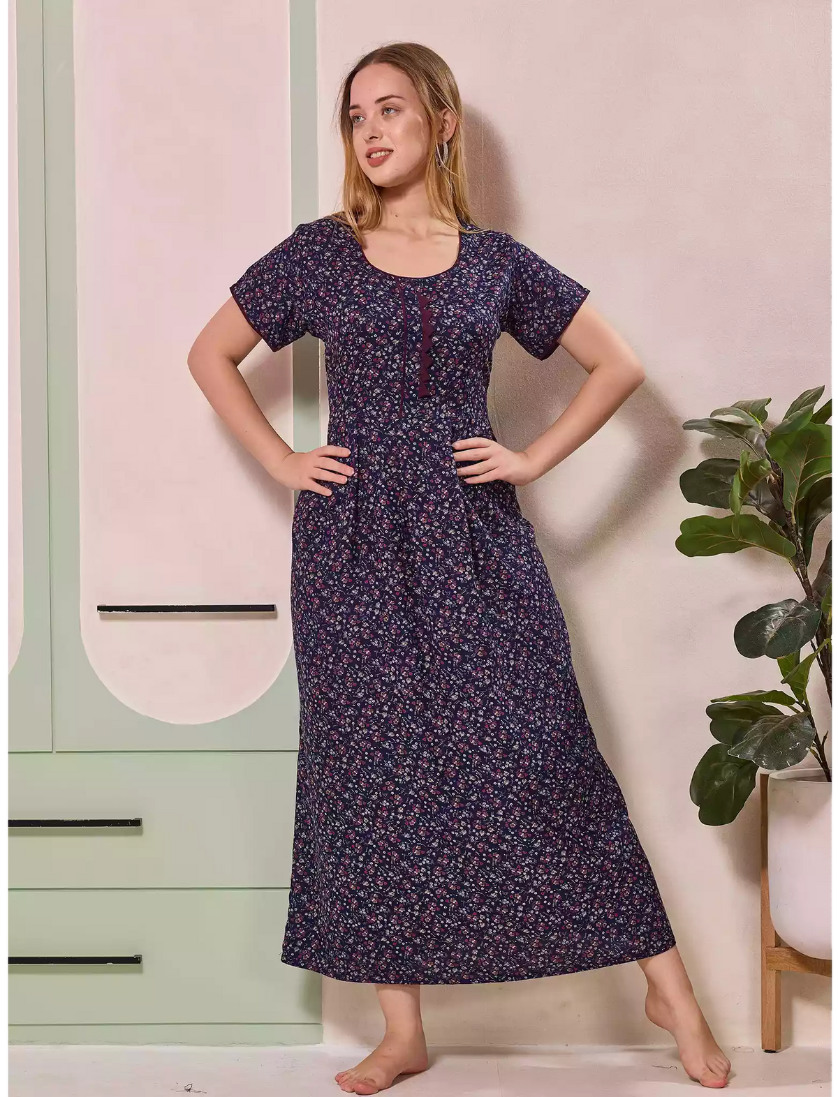 Tiny Floral Print Alpine Pleated Kurti Style Nighty - Mangai Nighties