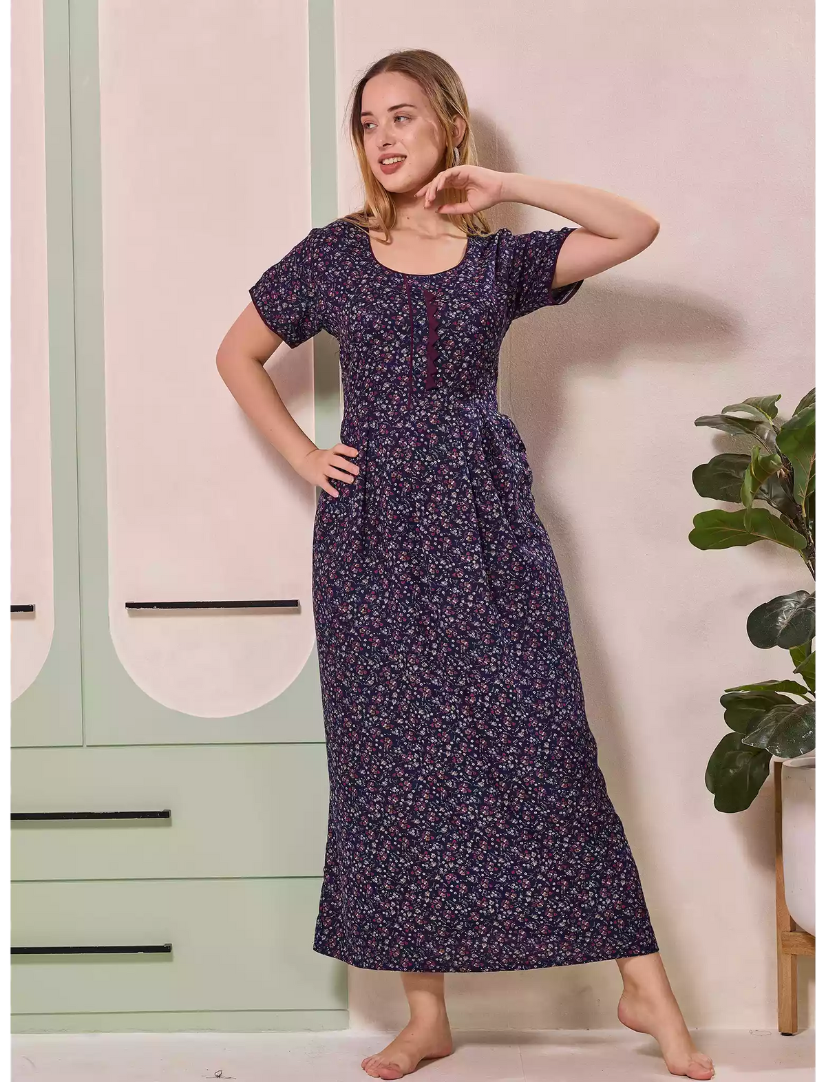Tiny Floral Print Alpine Pleated Kurti Style Nighty - Mangai Nighties