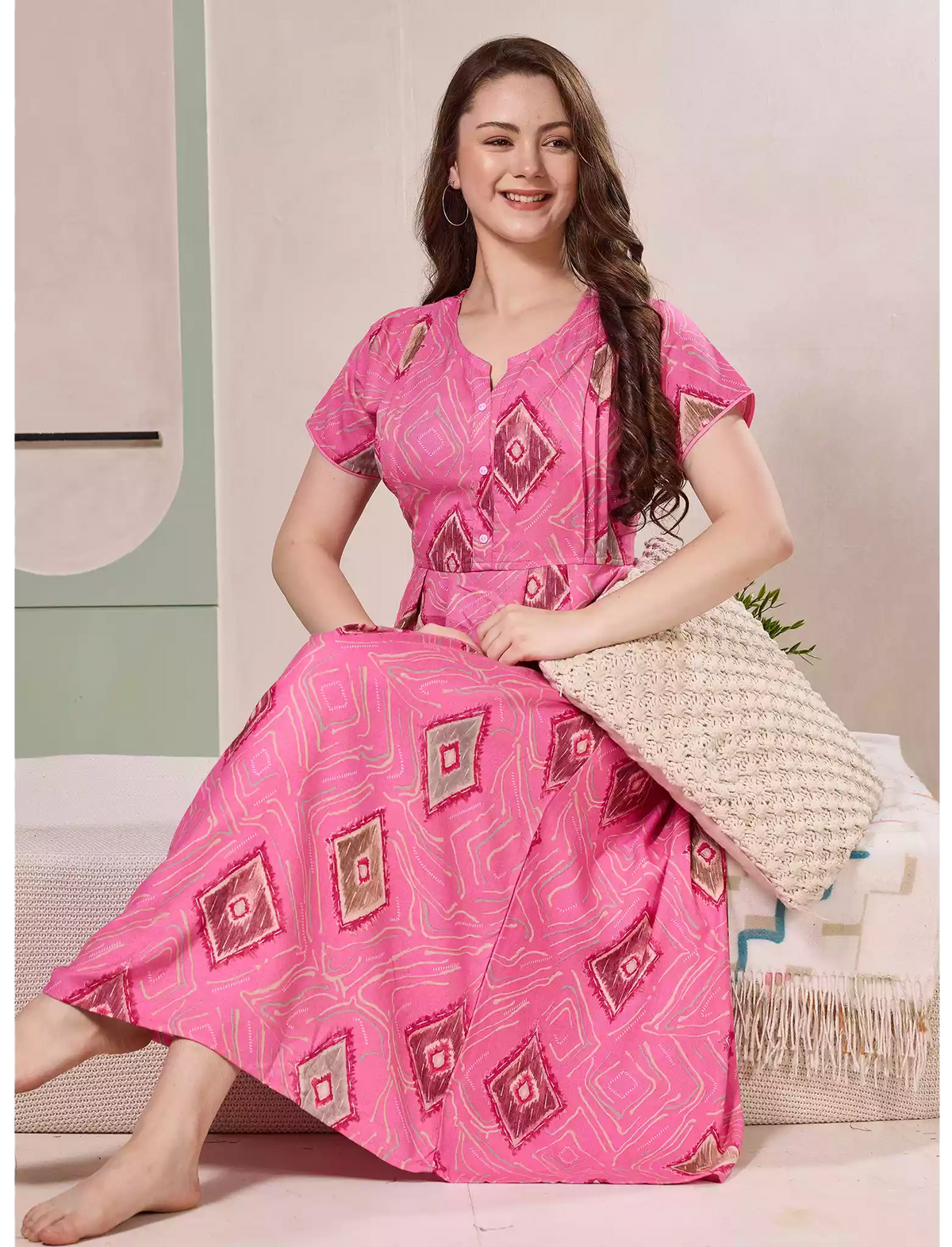 Diamond Print Alpine Pleated Kurti Style Nighty - Mangai Nighties