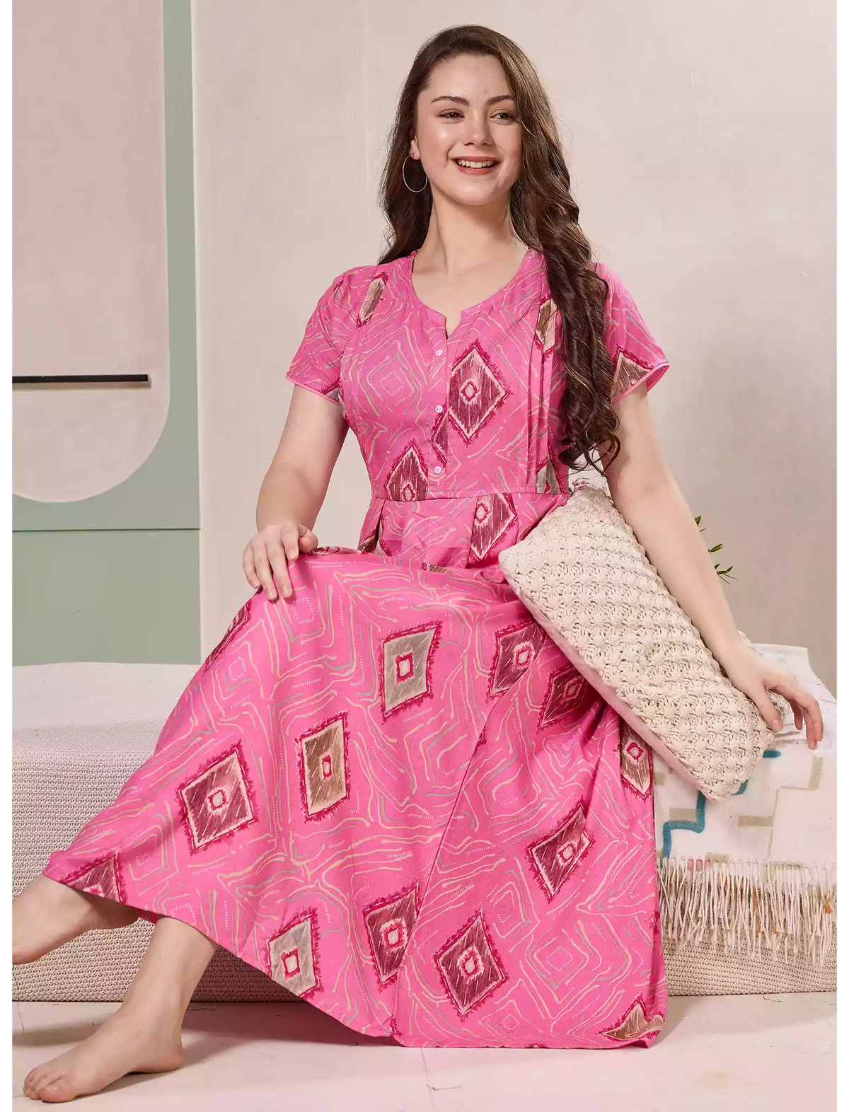 Diamond Print Alpine Pleated Kurti Style Nighty - Mangai Nighties