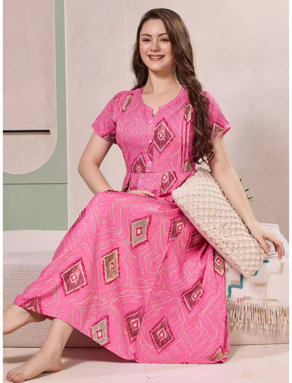 Diamond Print Alpine Pleated Kurti Style Nighty - Mangai Nighties