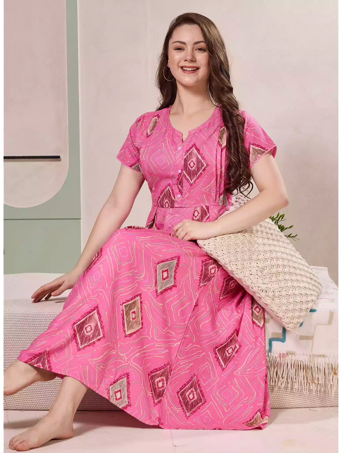 Diamond Print Alpine Pleated Kurti Style Nighty - Mangai Nighties