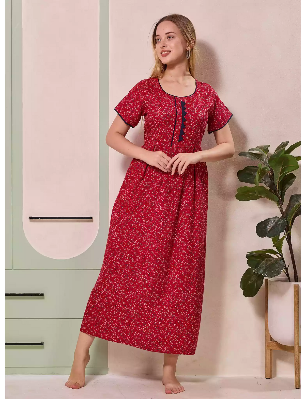 Tiny Floral Print Alpine Pleated Kurti Style Nighty - Mangai Nighties