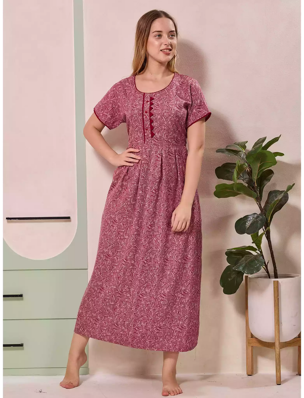 Abstract Print Alpine Pleated Kurti Style Nighty - Mangai Nighties