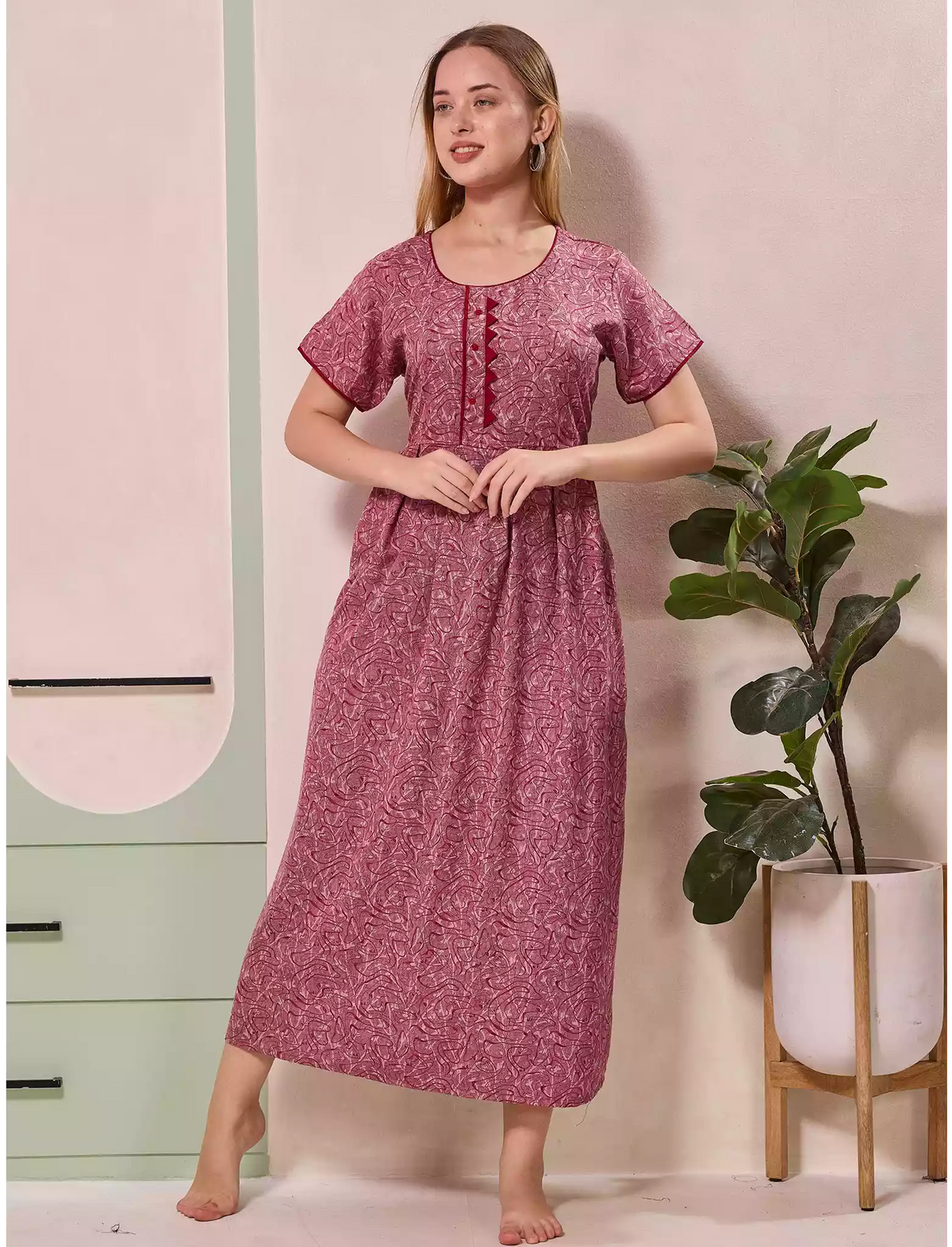 Abstract Print Alpine Pleated Kurti Style Nighty - Mangai Nighties