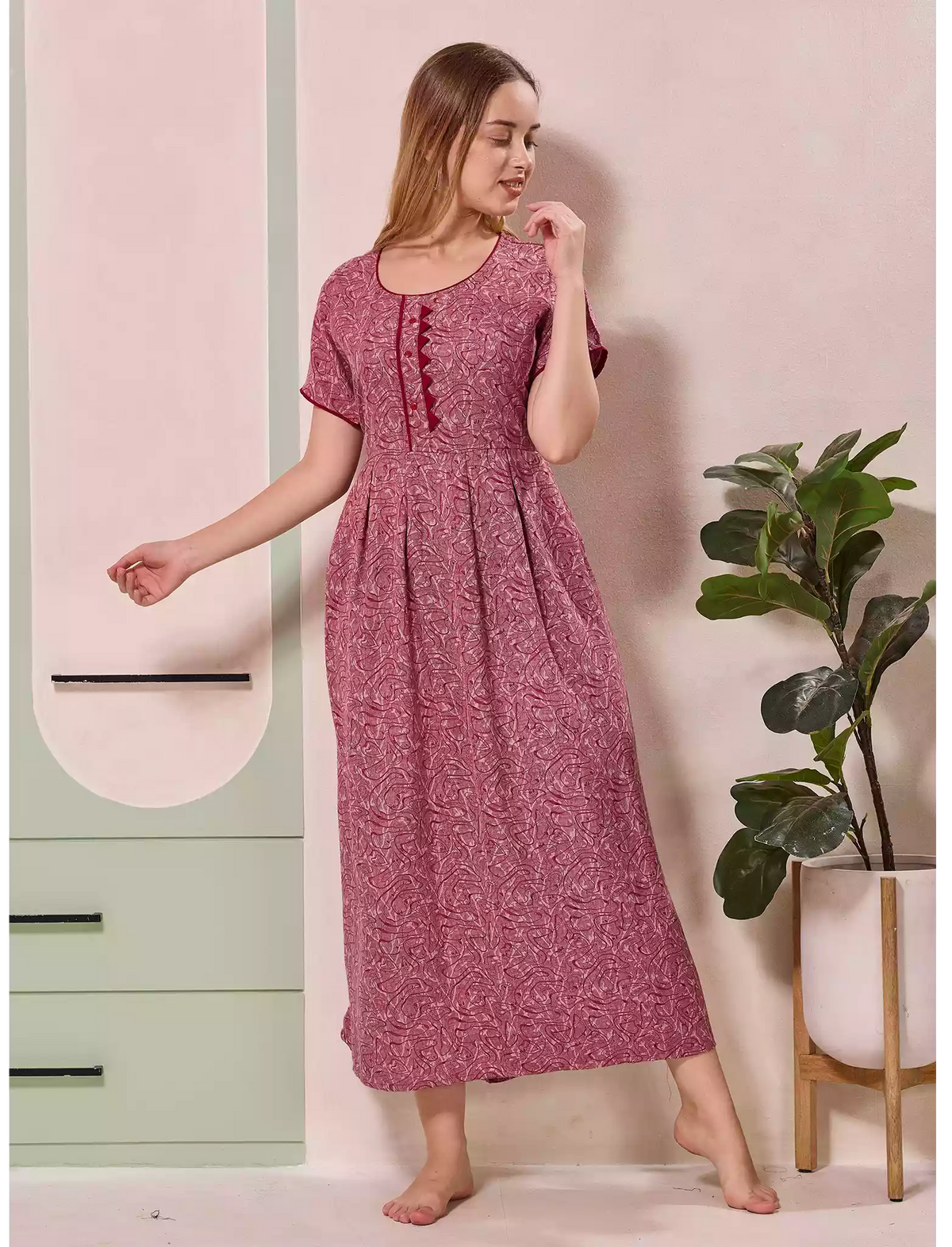 Abstract Print Alpine Pleated Kurti Style Nighty - Mangai Nighties