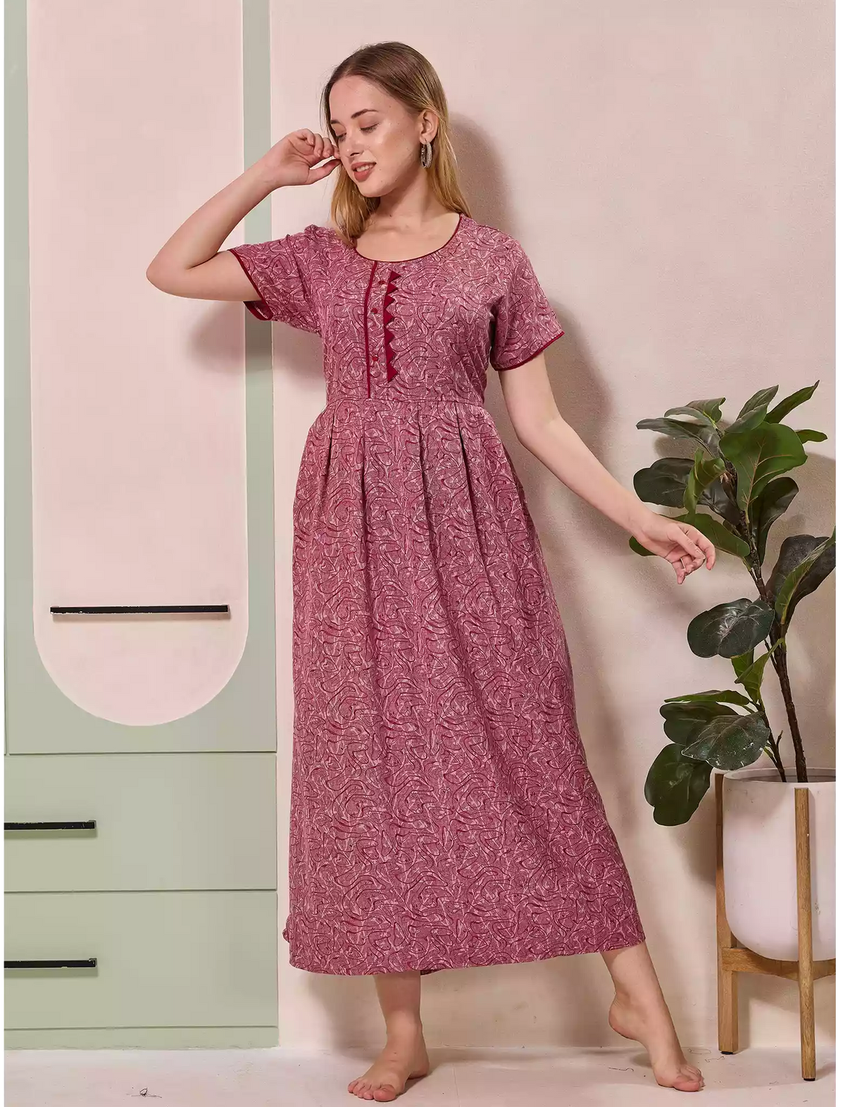 Abstract Print Alpine Pleated Kurti Style Nighty - Mangai Nighties