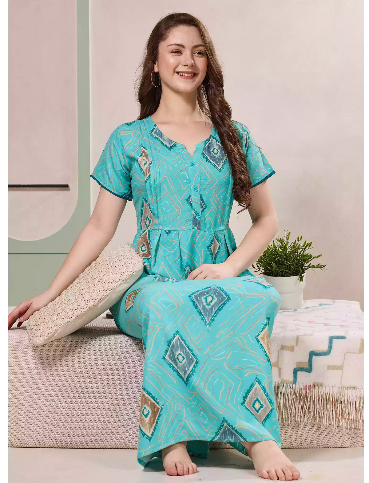 Diamond Print Alpine Pleated Kurti Style Nighty - Mangai Nighties