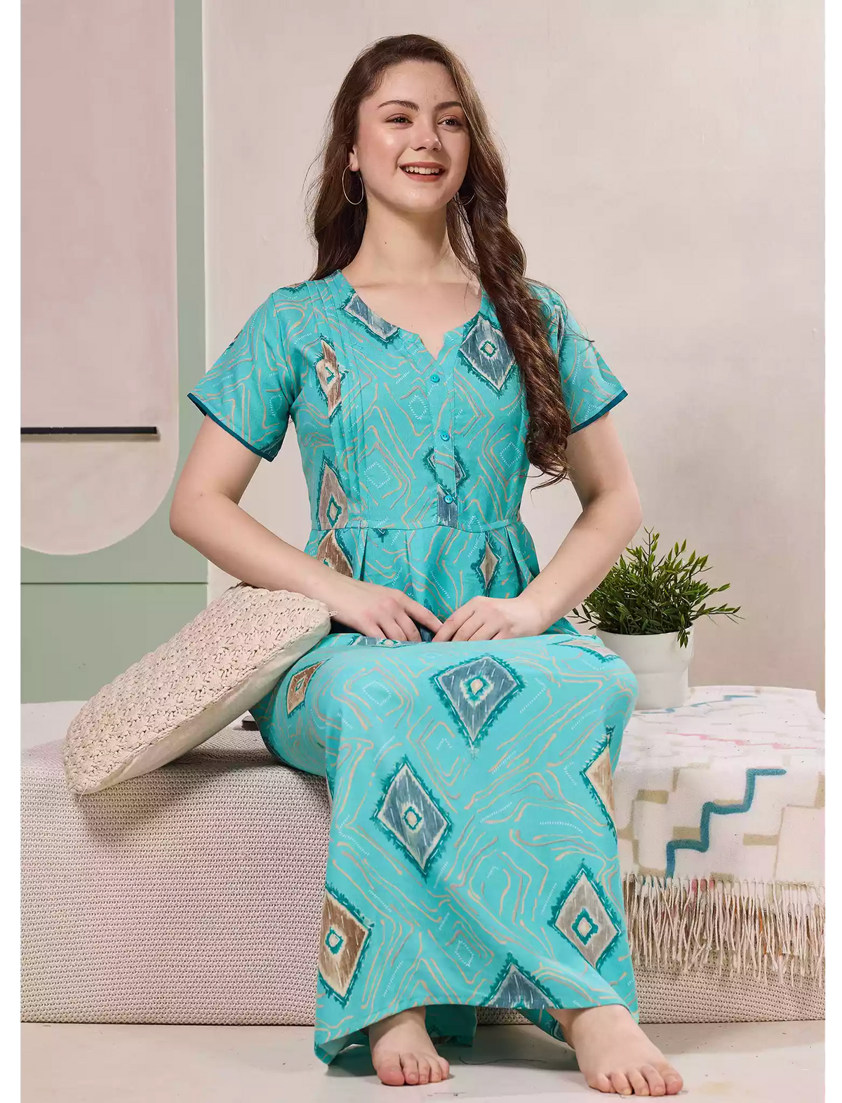 Diamond Print Alpine Pleated Kurti Style Nighty - Mangai Nighties