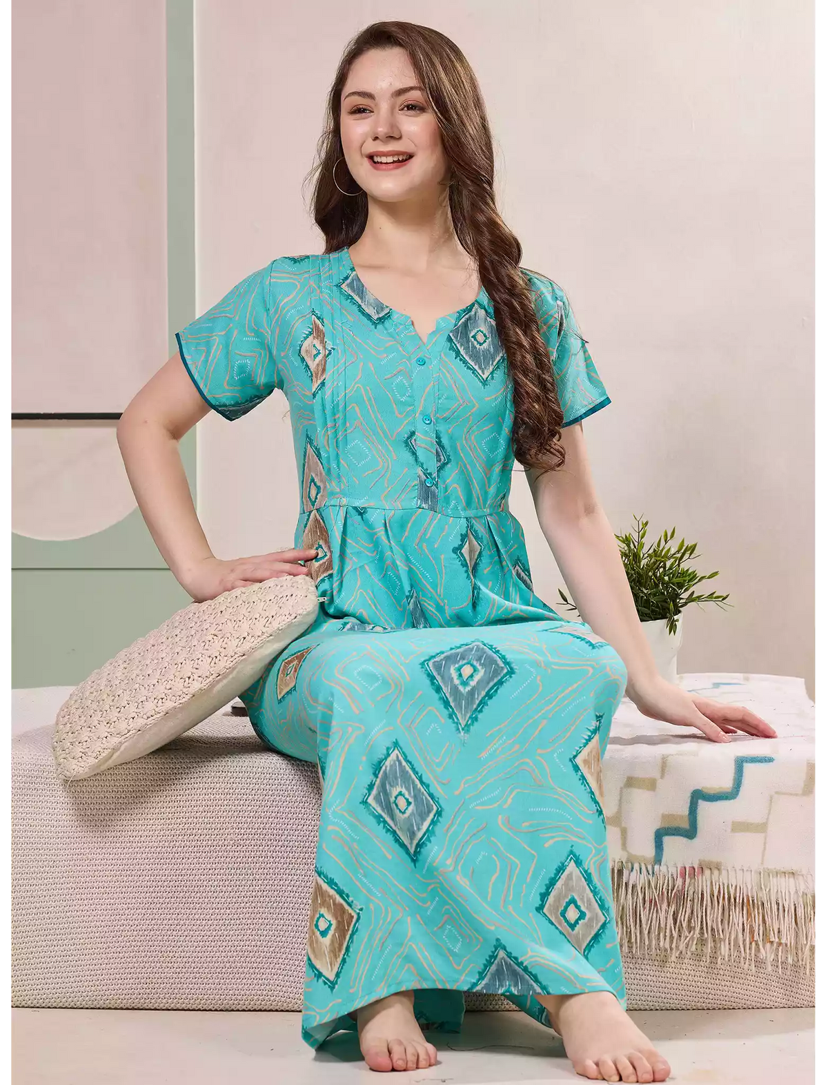Diamond Print Alpine Pleated Kurti Style Nighty - Mangai Nighties