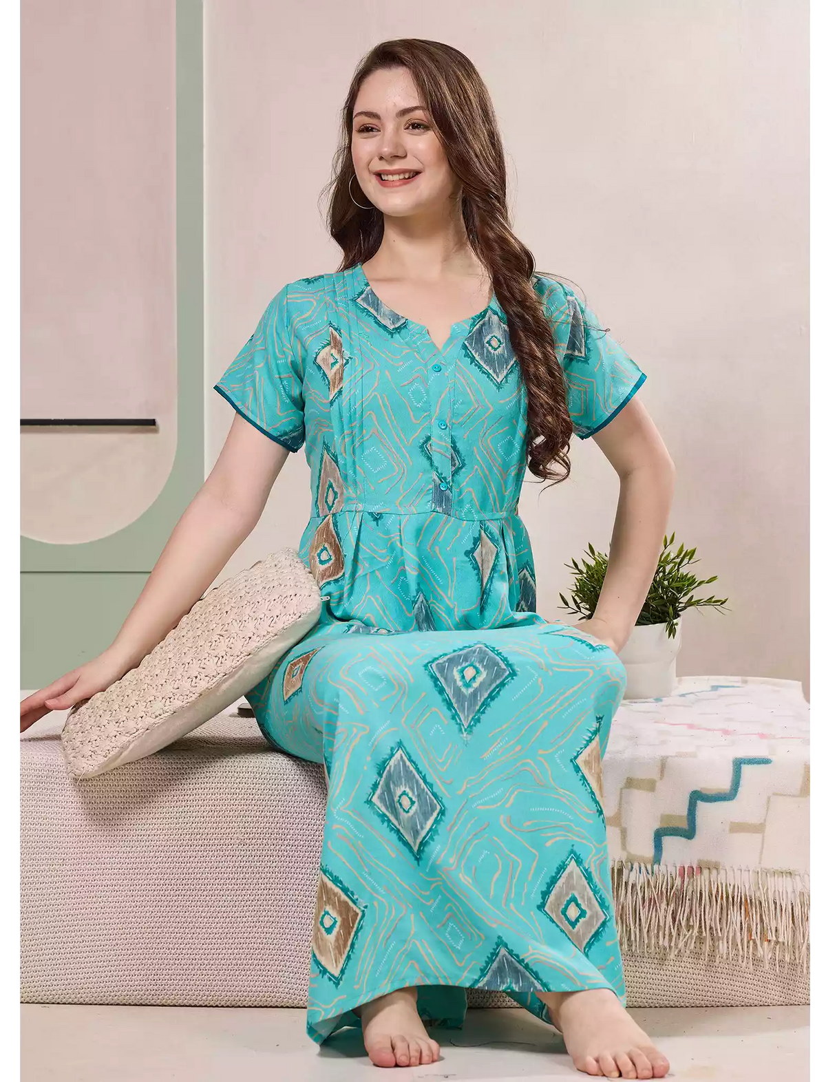 Diamond Print Alpine Pleated Kurti Style Nighty - Mangai Nighties