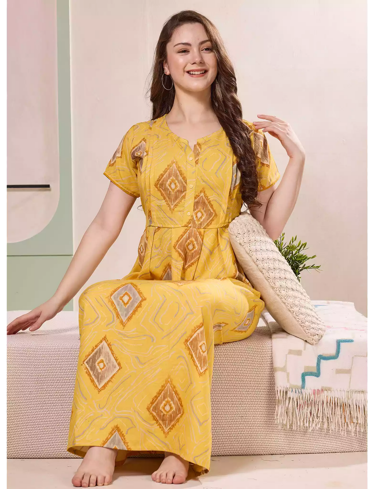 Diamond Print Alpine Pleated Kurti Style Nighty - Mangai Nighties