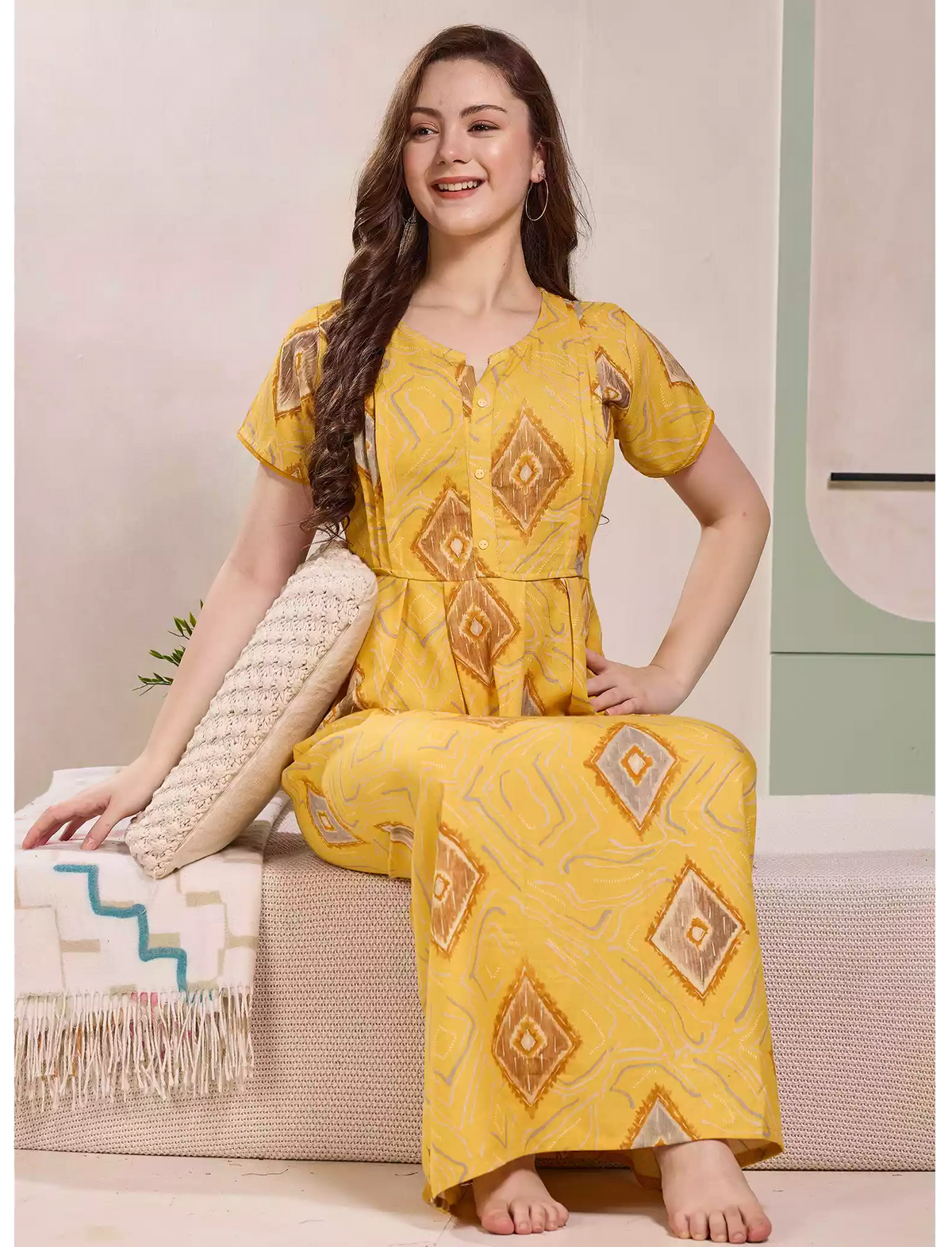 Diamond Print Alpine Pleated Kurti Style Nighty - Mangai Nighties