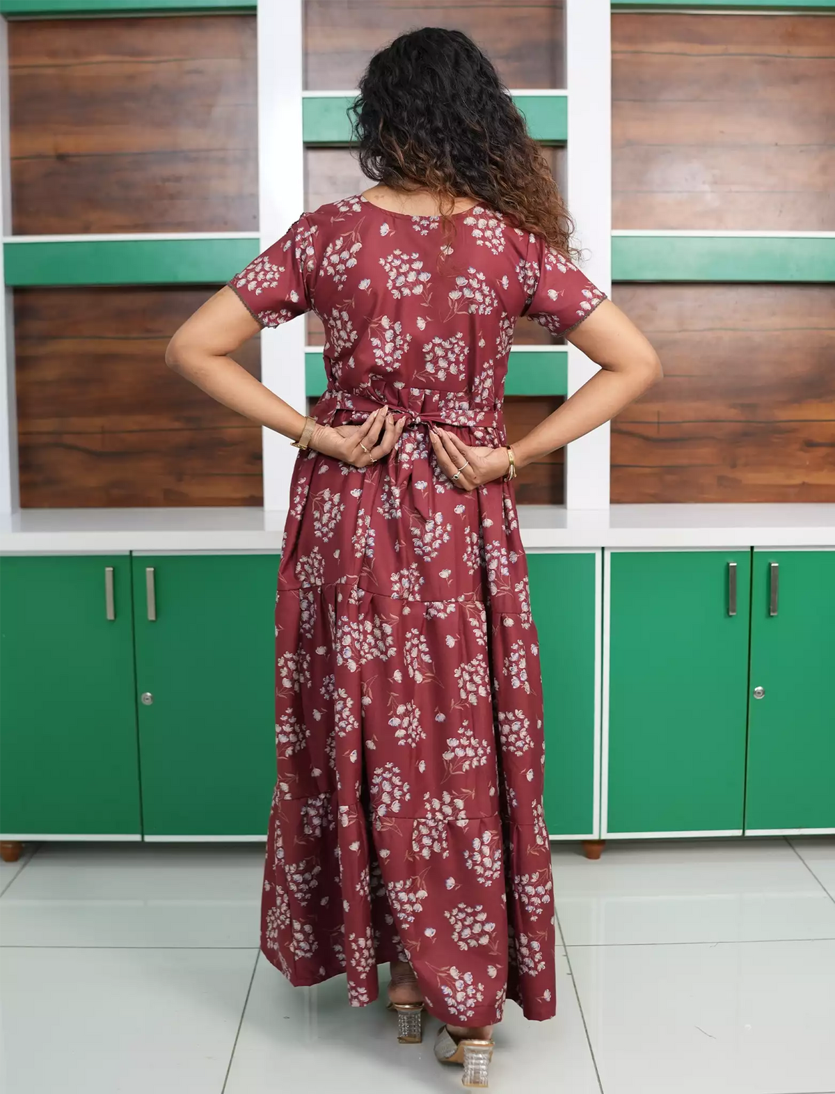 Alpine Floral Print Back Tie Full Frock - Mangai Nighties