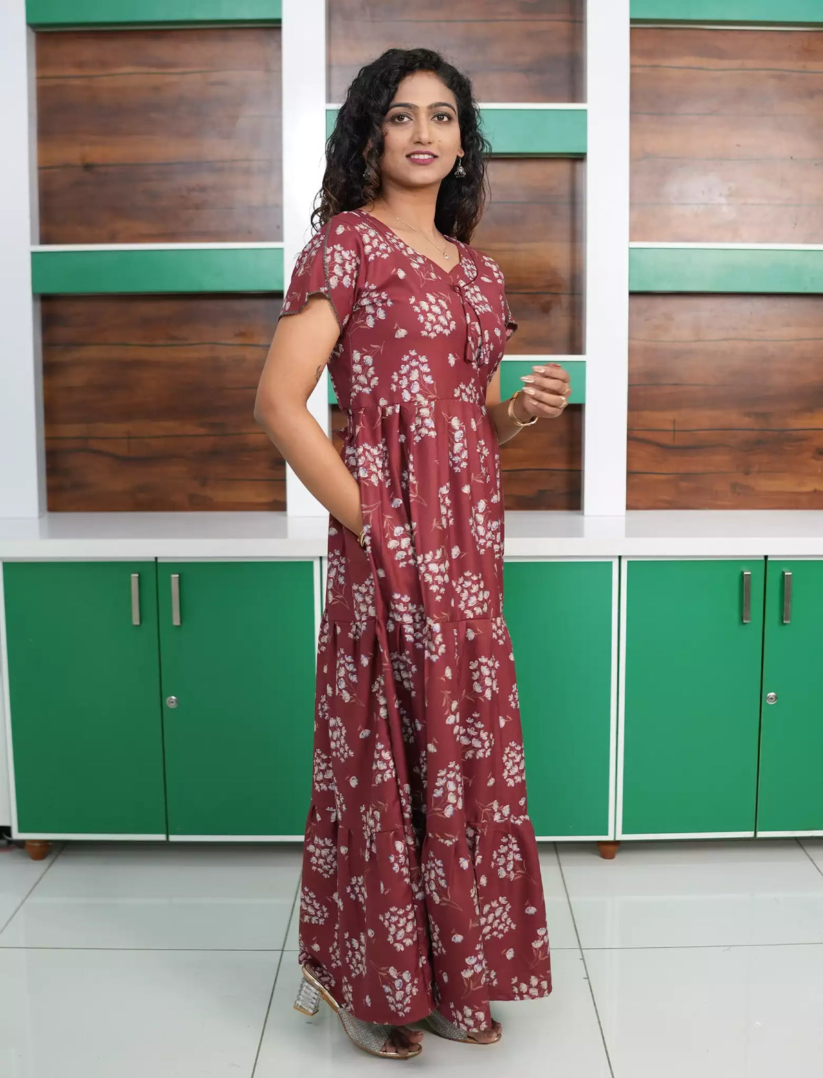 Alpine Floral Print Back Tie Full Frock - Mangai Nighties
