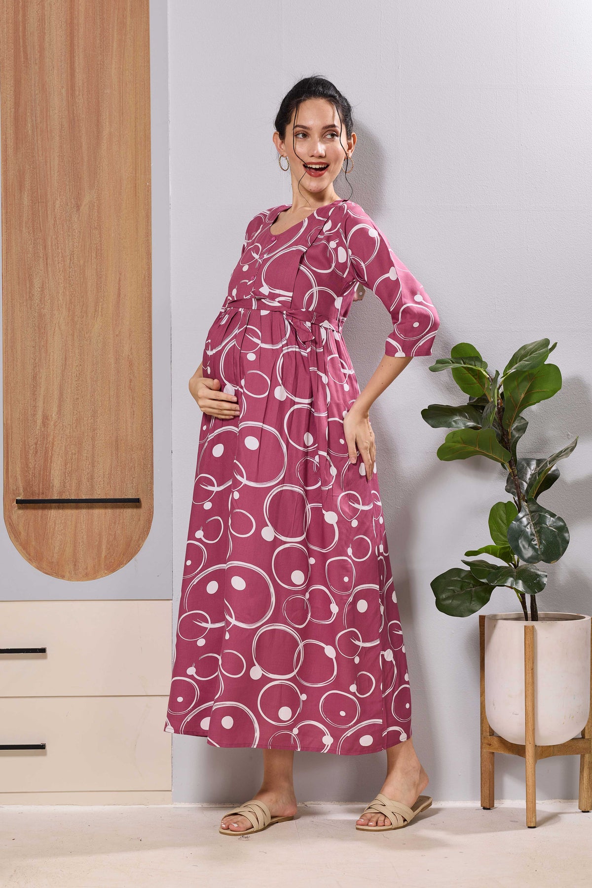 Rayon Elegant Maternity Nursing Dress with Waist Tie & Pockets - Mangai Nighties 