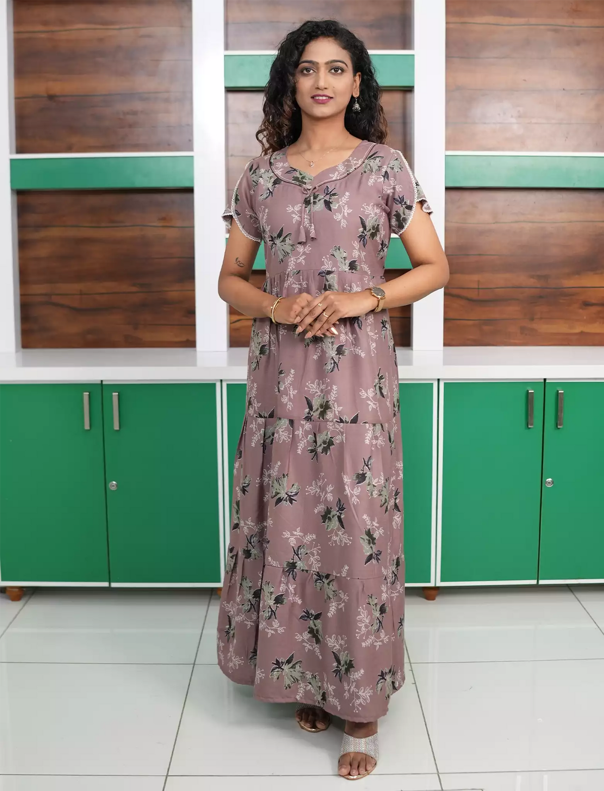Alpine Floral Print Petal Sleeve 3 Layer Full Frock - Mangai Nighties