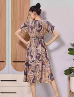 Beige Marble Print Flared Rayon Maxi with Back Tie Rope - Mangai Nighties 