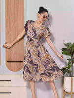 Beige Marble Print Petal Sleeve Long Rayon Maxi Dress